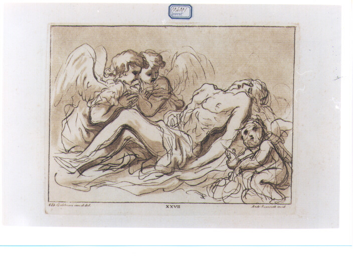 CRISTO MORTO E DUE ANGELI (stampa a colori) di Gabbiani Antonio Domenico, Scacciati Andrea II (sec. XVIII)