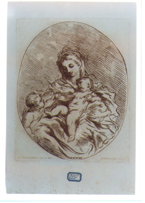 MADONNA CON BAMBINO E SAN GIOVANNINO (stampa a colori) di Gabbiani Antonio Domenico, Cipriani Giovanni Battista (sec. XVIII)