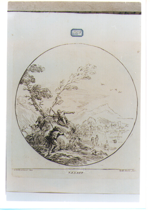 PAESAGGIO CON FIGURE (stampa a colori) di Gabbiani Antonio Domenico, Galli Giovanni Battista (sec. XVIII)