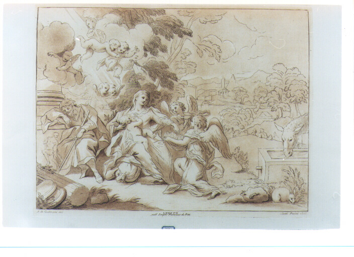 RIPOSO NELLA FUGA IN EGITTO E ANGELI (stampa a colori) di Gabbiani Antonio Domenico, Chiocchi Antonio (sec. XVIII)
