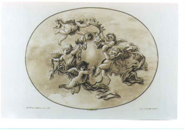 PUTTI REGGISTEMMA (stampa a colori) di Gabbiani Antonio Domenico, Scacciati Andrea II (sec. XVIII)