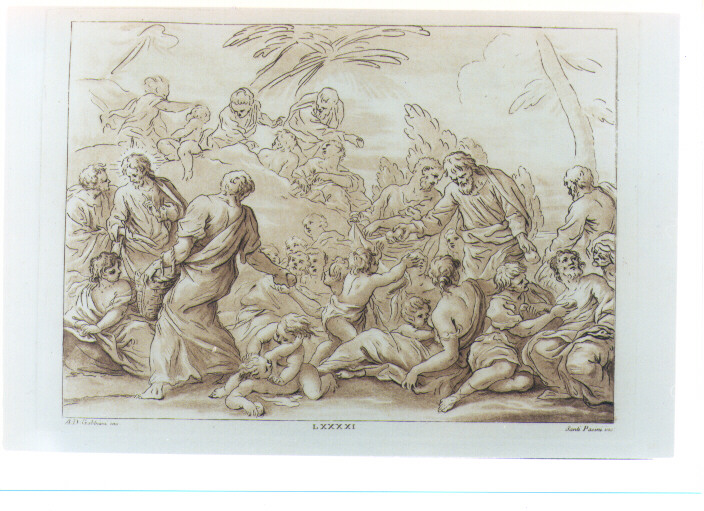 MOLTIPLICAZIONE DEI PANI E DEI PESCI (stampa a colori) di Gabbiani Antonio Domenico, Pacini Sante (sec. XVIII)