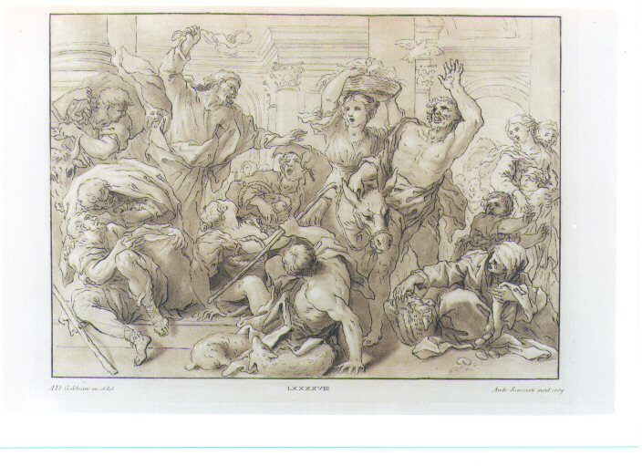 CRISTO CACCIA I MERCANTI DAL TEMPIO (stampa a colori) di Gabbiani Antonio Domenico, Scacciati Andrea II (sec. XVIII)