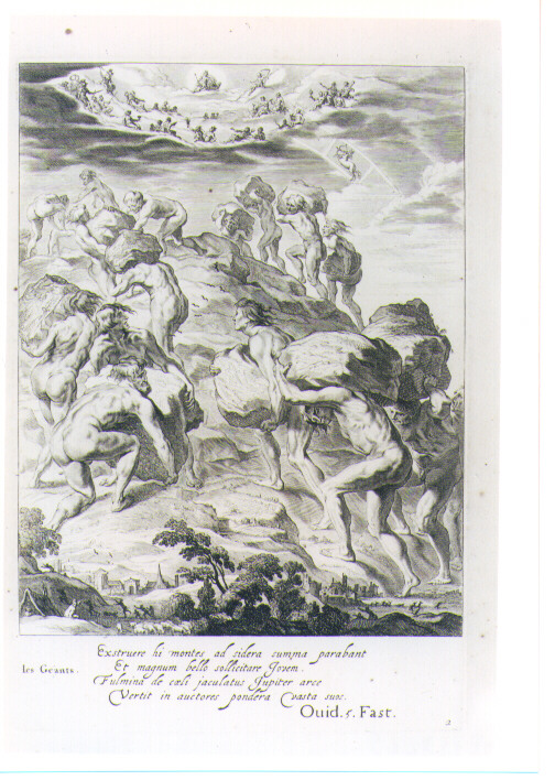 GIGANTI TENTANO DI SCALARE L'OLIMPO (stampa) di Van Diepenbeeck Abraham, Bloemaert Cornelis il Giovane, Matham Theodor (sec. XVII)