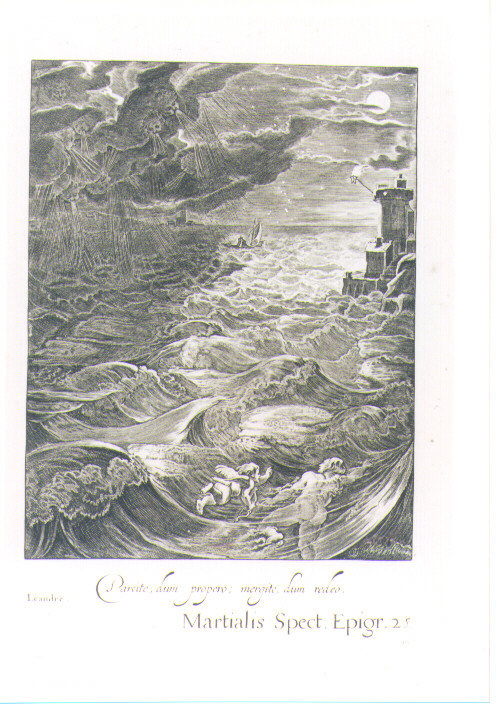 LEANDRO ATTRAVERSA A NUOTO IL BOSFORO (stampa) di Van Diepenbeeck Abraham, Bloemaert Cornelis il Giovane, Matham Theodor (sec. XVII)