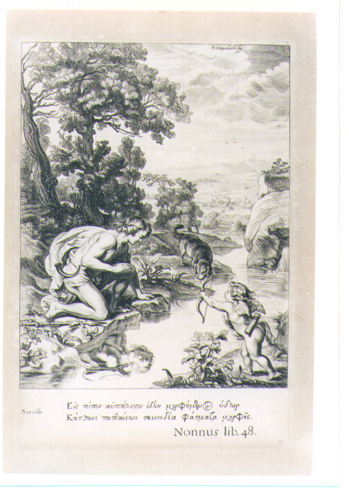 NARCISO ALLA FONTE (stampa) di Van Diepenbeeck Abraham, Bloemaert Cornelis il Giovane, Matham Theodor (sec. XVII)