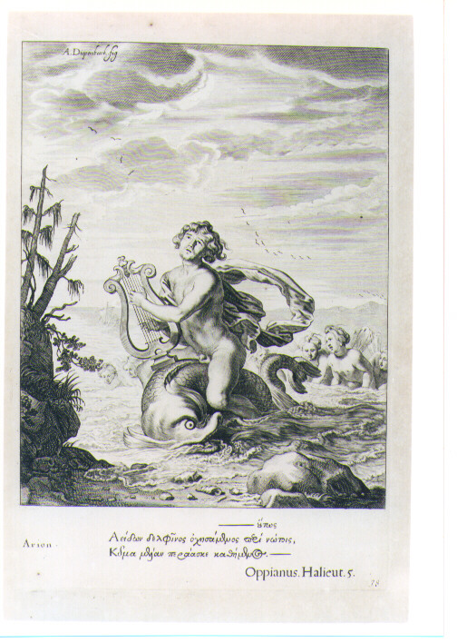 ARIONE CON LA LIRA SUL DELFINO (stampa) di Van Diepenbeeck Abraham, Bloemaert Cornelis il Giovane, Matham Theodor (sec. XVII)