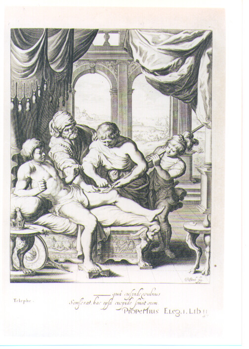 GUARIGIONE DI TELEFO (stampa) di Brebiette Paul, Bloemaert Cornelis il Giovane, Matham Theodor (sec. XVII)