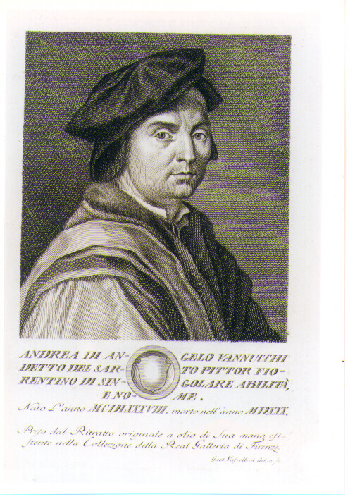 AUTORITRATTO DI ANDREA DEL SARTO (stampa) di Andrea d'Agnolo detto Andrea del Sarto, Vascellini Gaetano (sec. XVIII)