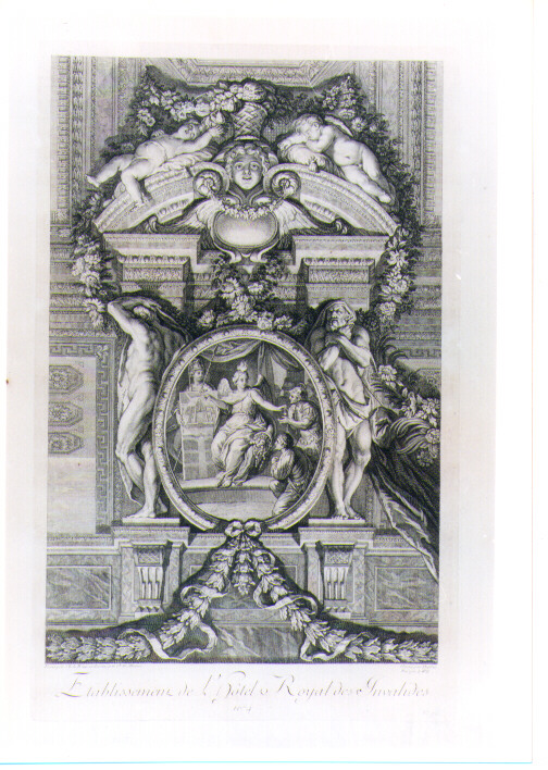PROGETTAZIONE DELL'HOTEL DES INVALIDES (stampa) di Lebrun Charles, Wille Johann Georg, Masse Jean Baptiste (sec. XVIII)