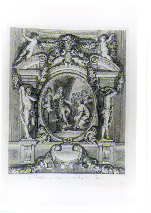 LUIGI XIV PROTEGGE LE BELLE ARTI (stampa) di Lebrun Charles, Surugue Louis, Masse Jean Baptiste (sec. XVIII)
