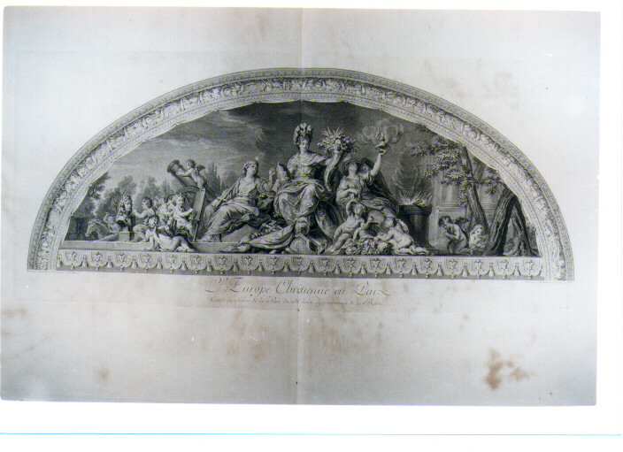 ALLEGORIA DELL'EUROPA CRISTIANA IN TEMPO DI PACE (stampa) di Lebrun Charles, Liotard Jean-Michel, Masse Jean Baptiste (sec. XVIII)