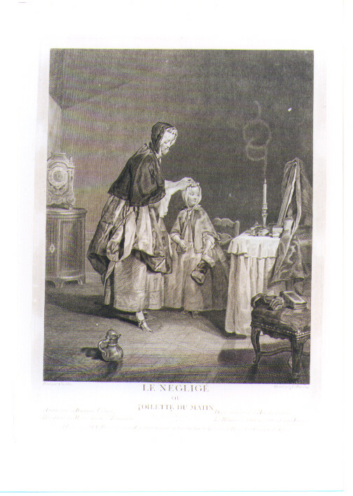 SCENA DI TOLETTA (stampa controfondata) di Chardin Jean Siméon, Le Bas Jacques Philippe (sec. XVIII)