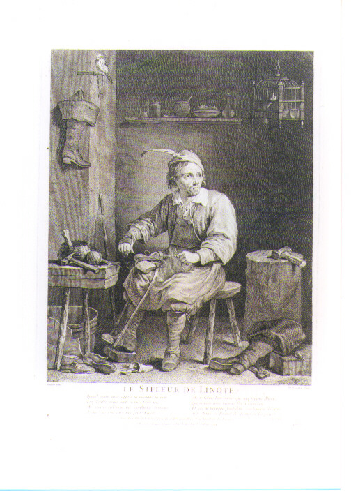 CALZOLAIO (stampa controfondata) di Teniers David il Giovane, Le Bas Jacques Philippe (sec. XVIII)