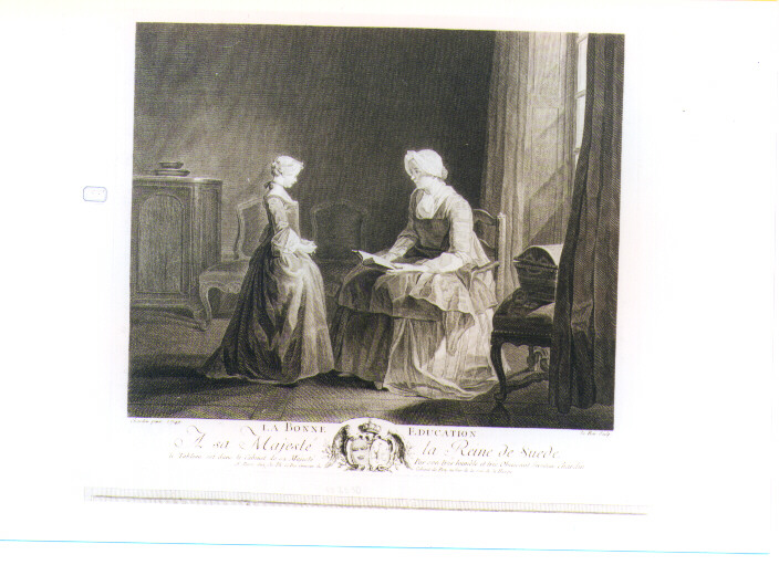 SCENA FAMILIARE (stampa controfondata smarginata) di Chardin Jean Siméon, Le Bas Jacques Philippe (sec. XVIII)