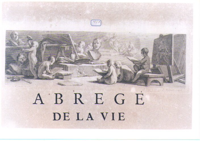 TESTASTINA RAFFIGURANTE ALLEGORIA DELLE ARTI (stampa) di Van Loo Jean Baptiste, Hortemels Frederic Eustache (sec. XVIII)