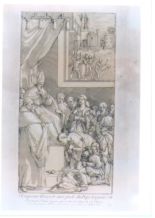 ENRICO IV IN GINOCCHIO DA PAPA GREGORIO VII (stampa colorata a mano) di De Caylus Anne Claude Philippe, Lesueur Nicolas, Zuccari Taddeo (sec. XVIII)