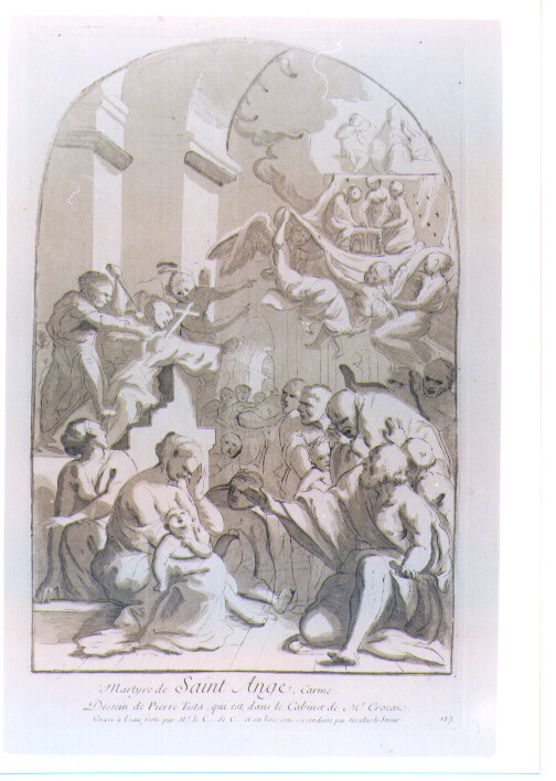 MARTIRIO DI SANT'ANGELO (stampa colorata a mano) di Testa Pietro detto Lucchesino, De Caylus Anne Claude Philippe, Lesueur Nicolas (sec. XVIII)