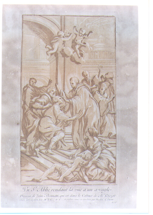 MIRACOLO DI UN ABBATE (stampa colorata a mano) di Bonatti Giovanni, De Caylus Anne Claude Philippe, Lesueur Nicolas (sec. XVIII)