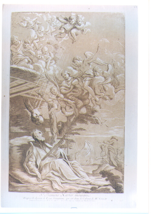 MORTE DI SAN FRANCESCO SAVERIO (stampa colorata a mano) di Gimignani Luigi, De Caylus Anne Claude Philippe, Lesueur Nicolas (sec. XVIII)
