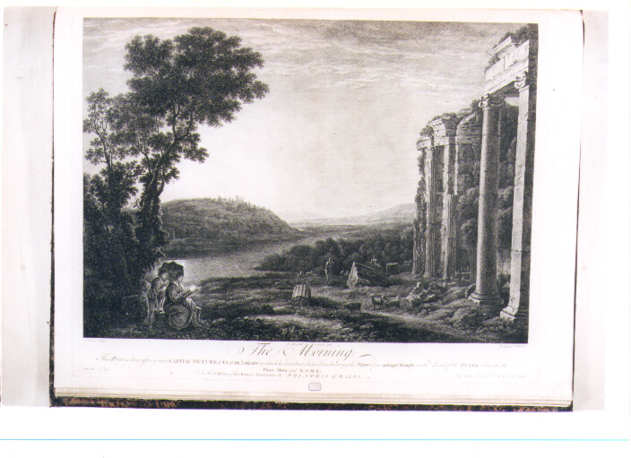 PAESAGGIO CON IL FIUME TEVERE E AUTORITRATTO DI LORRAIN (stampa) di Gellée Claude detto Claude Lorrain, Vivares François, Goupy Joseph (sec. XVIII)