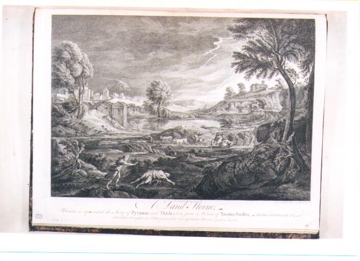 PAESAGGIO IN TEMPESTA CON PIRAMO E TISBE (stampa) di Poussin Nicolas, Vivares François, Chatelain Jean Baptiste Claude, Goupy Joseph (sec. XVIII)