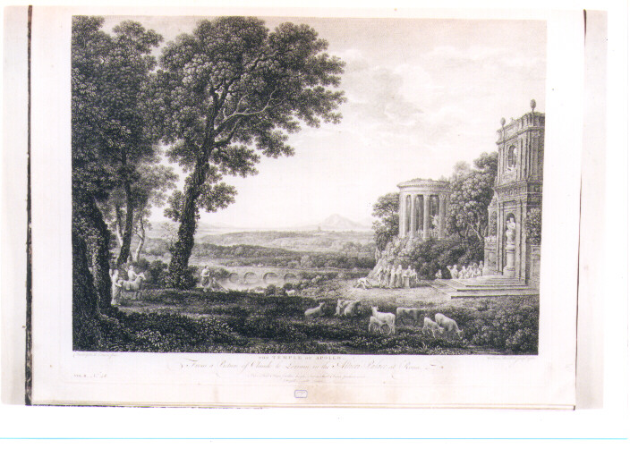 PAESAGGIO CON TEMPIO DI APOLLO (stampa) di Gellée Claude detto Claude Lorrain, Woollet William (sec. XVIII)