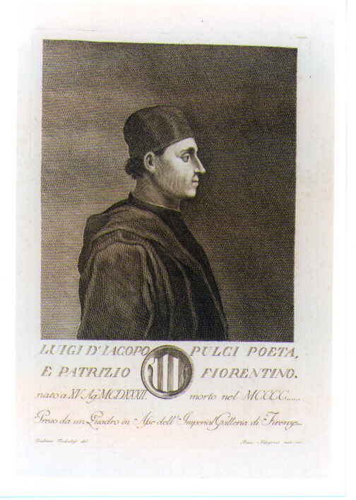 RITRATTO DI LUIGI PULCI (stampa) di Allegrini Francesco, Traballesi Giuliano (sec. XVIII)