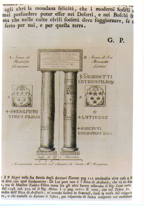 MONUMENTO SEPOLCRALE DI BRUNETTO LATINI NEL CHIOSTRO DI SANTA MARIA MAGGIORE A FIRENZE (stampa) di Allegrini Francesco (sec. XVIII)