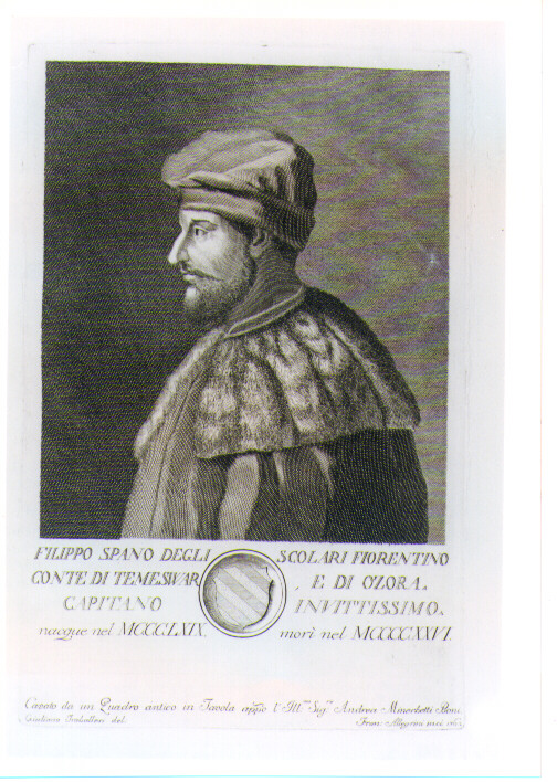 RITRATTO DI FILIPPO SPANO DEGLI SCOLARI (stampa) di Allegrini Francesco, Traballesi Giuliano (sec. XVIII)