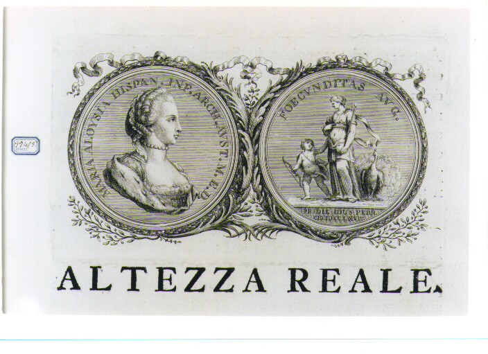 RECTO E VERSO DI MEDAGLIA CELEBRATIVA DI MARIA LUISA ARCIDUCHESSA DI TOSCNA (stampa) di Allegrini Francesco (CERCHIA) (sec. XVIII)