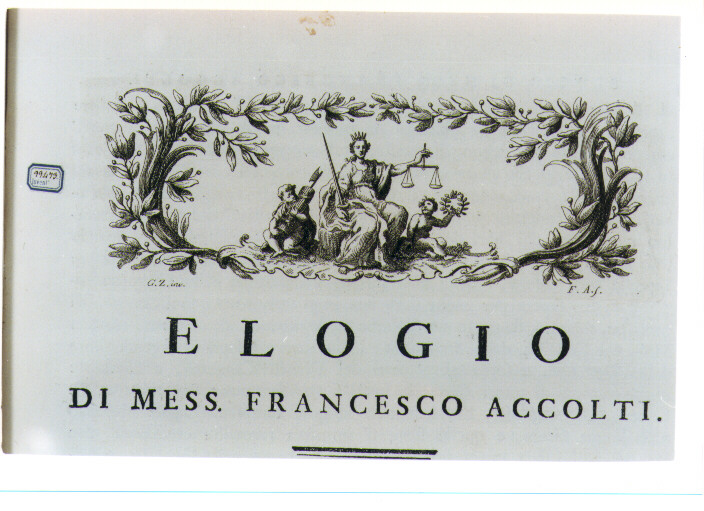 ALLEGORIA DELLA GIUSTIZIA TRA LA PACE E LA GUERRA (stampa) di Zocchi Giuseppe, Allegrini Francesco (sec. XVIII)