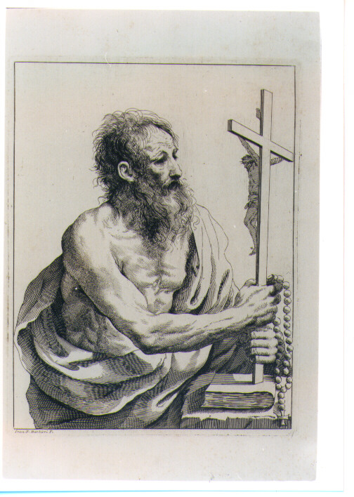 SAN GIROLAMO PENITENTE NEL SUO STUDIO (stampa) di Barbieri Giovan Francesco detto Guercino (attribuito) (sec. XVII)