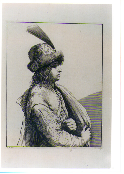 RITRATTO MASCHILE A MEZZA FIGURA CON CAPPELLO PIUMATO (stampa) di Barbieri Giovan Francesco detto Guercino (attribuito) (sec. XVII)