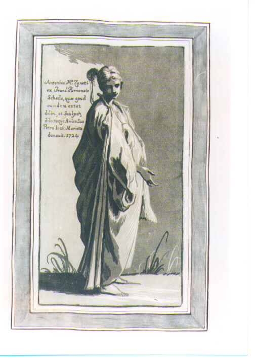 FIGURA FEMMINILE CON MANTELLO E PIUMA SUL CAPO (stampa a colori) di Mazzola Francesco detto Parmigianino, Zanetti Anton Maria (sec. XVIII)