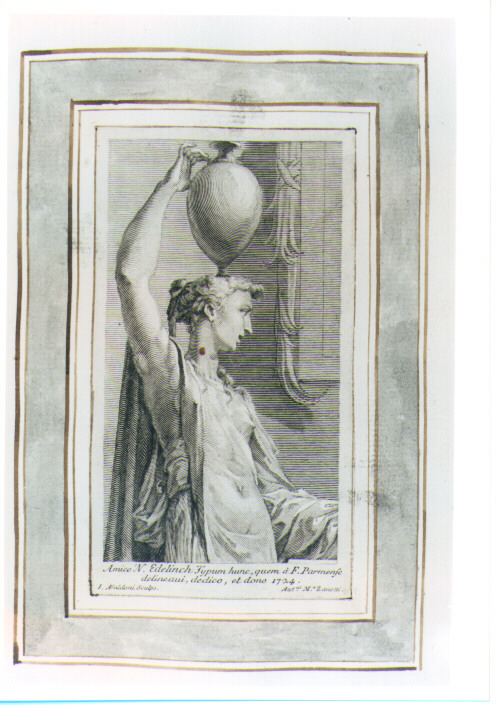 FIGURA FEMMINILE CON VASO SUL CAPO (stampa) di Mazzola Francesco detto Parmigianino, Faldoni Giovanni Antonio (sec. XVIII)