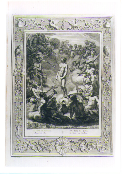 PANDORA SULL'OLIMPO TRA GLI DEI (stampa) di Picart Bernard, Van Diepenbeeck Abraham (sec. XVIII)