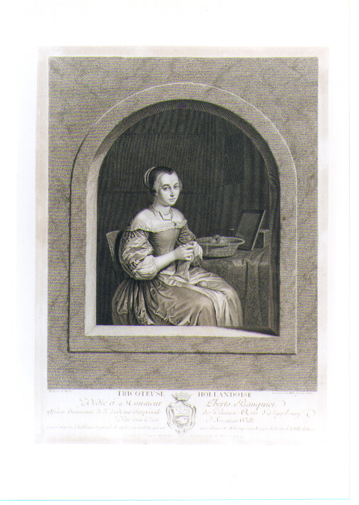 FIGURA FEMMINILE CHE LAVORA A MAGLIA (stampa controfondata) di Van Mieris Franz, Wille Johann Georg (seconda metà sec. XVIII)