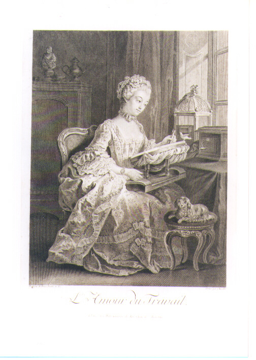 FIGURA FEMMINILE CHE RICAMA (stampa controfondata smarginata) di Le Prince Jean Baptiste, Chevillet Juste (seconda metà sec. XVIII)