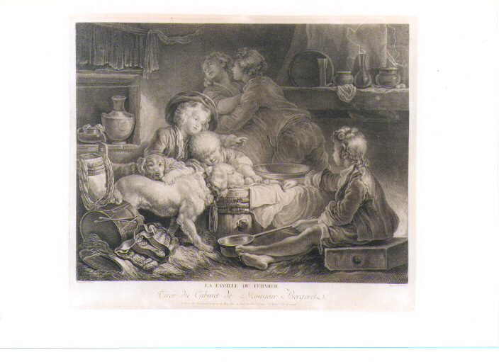 INTERNO DOMESTICO CON FIGURE (stampa controfondata smarginata) di Fragonard Jean Honoré, Beauvarlet Jacques Firmin (seconda metà sec. XVIII)