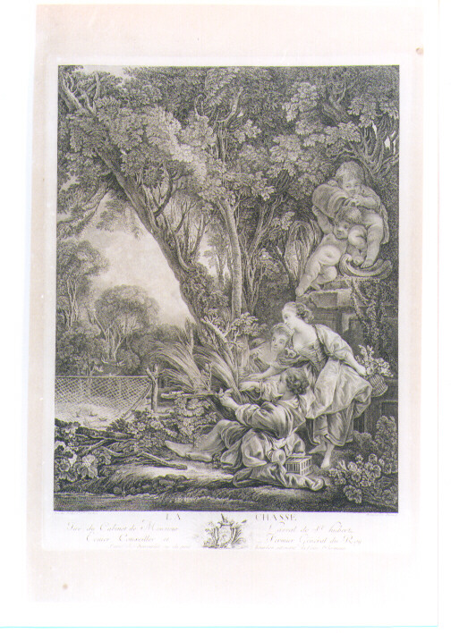 CACCIA AGLI UCCELLI (stampa controfondata) di Boucher Francois, Beauvarlet Jacques Firmin (seconda metà sec. XVIII)