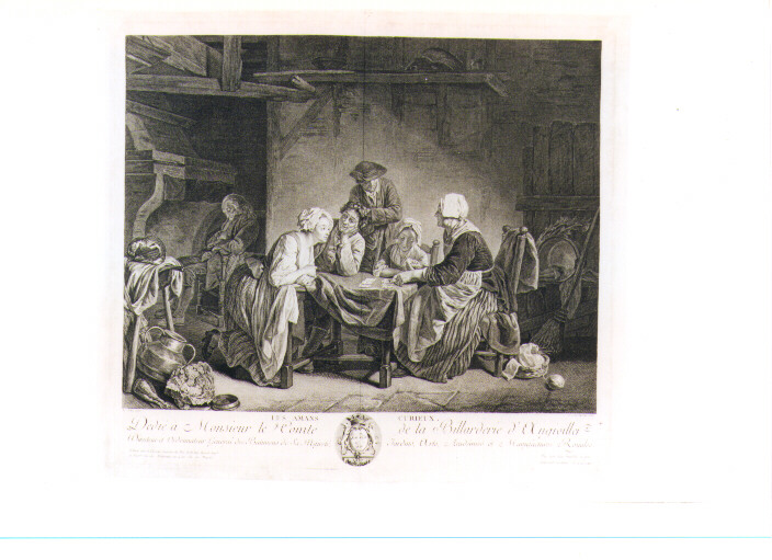 INTERNO DOMESTICO CON FIGURE (stampa controfondata) di Aubry, Levasseur Jean Charles (prima metà sec. XVIII)