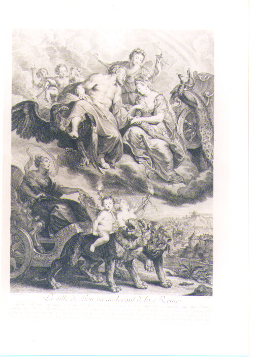 ALLEGORIA E VEDUTA DELLA CITTA' DI LIONE (stampa) di Rubens Pieter Paul, Duchange Gaspard, Nattier Jean Marc (sec. XVIII)