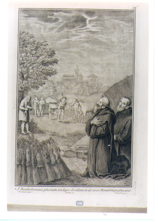 SAN BARTOLOMEO E IL MIRACOLO DELLA PIOGGIA (stampa) di Pazzi Antonio, Vanni Niccolò, Zampieri Domenico detto Domenichino (sec. XVIII)