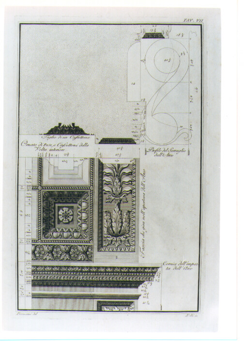 ELEMENTI DECORATIVI ARCHITETTONICI DELL'ARCO DI TRAJANO A BENEVENTO (stampa) di Nolli Carlo, Piermarini Giuseppe (sec. XVIII)