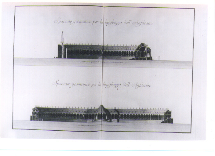 SEZIONE LATERALE E FRONTALE DELL'ANFITEATRO DI PARMA (stampa) di Petitot Ennemond Alexandre, Patrini Giuseppe (sec. XVIII)