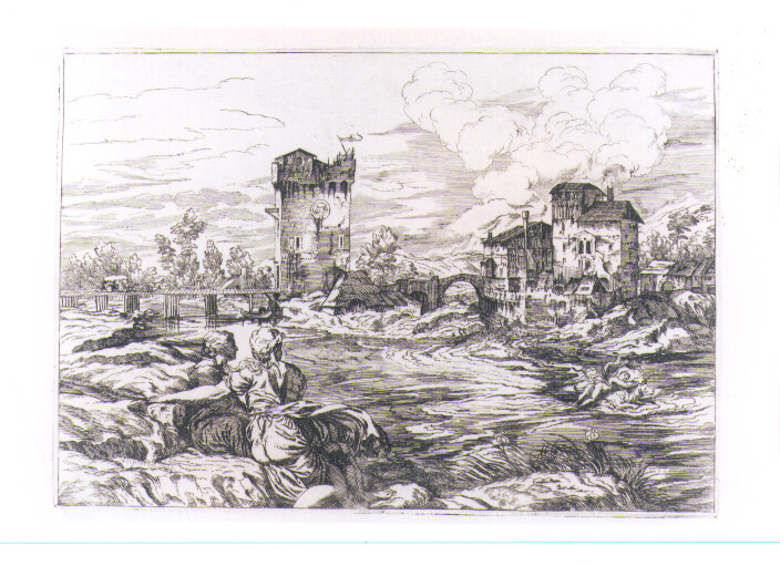 PAESAGGIO FLUVIALE CON RATTO D'EUROPA (stampa) di Vecellio Tiziano, Lefèvre Valentin (sec. XVII)