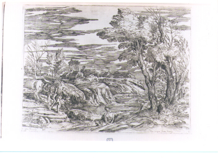 PAESAGGIO FLUVIALE CON FIGURE (stampa) di Vecellio Tiziano, Lefèvre Valentin (sec. XVII)