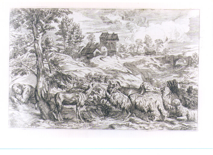 PAESAGGIO CON PASTORE DORMIENTE (stampa) di Vecellio Tiziano, Lefèvre Valentin (sec. XVII)