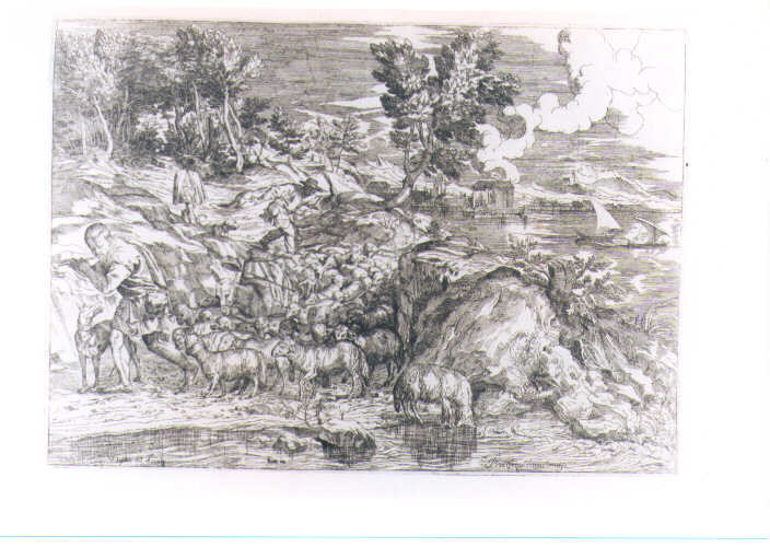 PAESAGGIO CON PASTORE E GREGGE (stampa) di Vecellio Tiziano, Lefèvre Valentin (sec. XVII)